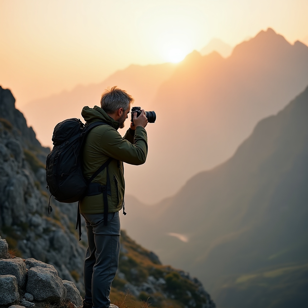 Fotograf în acțiune pe creastă montană, Carpați