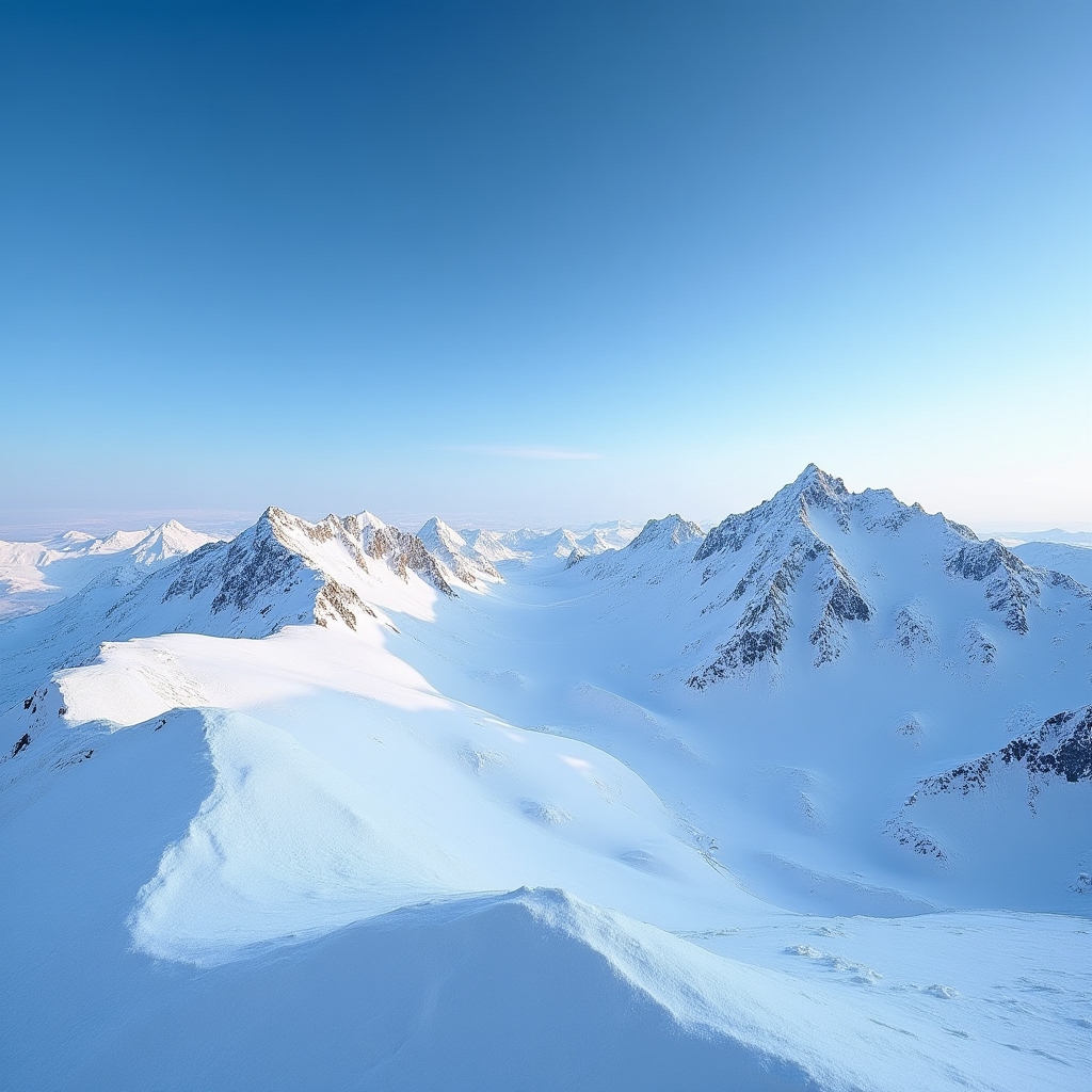 Creste alpine acoperite de zăpadă, cer albastru intens