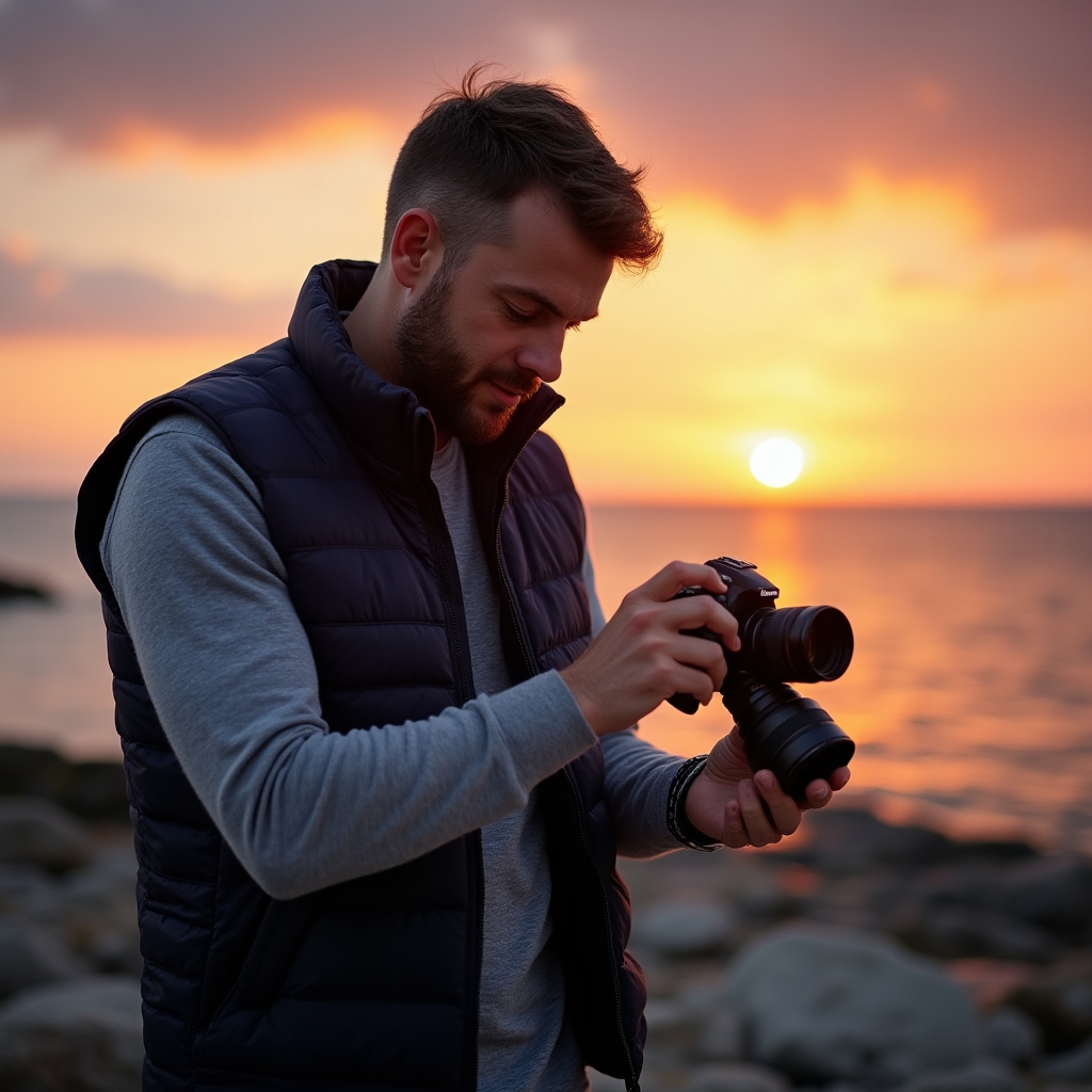 Instructor fotografie pe malul mării la apus de soare